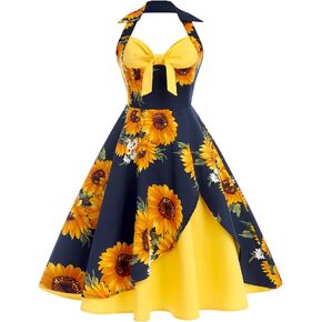 Women 50s Vintage Polka Dot Halter Cocktail Swing Dress Buttons Floral 1950s Rockabilly Audrey Hepburn Prom Tea Party Dress