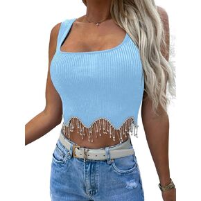 LYANER Women's Rhinestone Fringe Trim Ribbed Knit Square Neck Sleeveless Crop Tank Top