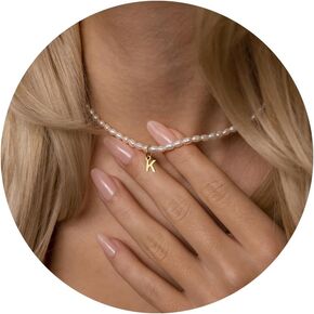 LUCA SMITH Initial Freshwater Pearl Choker Necklace for Women, 14K Gold Plated Baroque Dainty Pearl Choker Necklace with Initial Pendant，Gift for Her Girlfriend Mother Teacher Sister