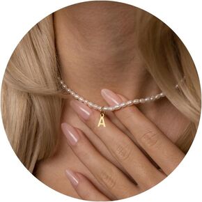 LUCA SMITH Initial Freshwater Pearl Choker Necklace for Women, 14K Gold Plated Baroque Dainty Pearl Choker Necklace with Initial Pendant，Gift for Her Girlfriend Mother Teacher Sister