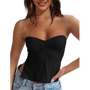 Lauweion Women's Strapless Skinny Tube Top Sweetheart Neck Slits Off Shoulder Pleated Sleeveless Crop Top