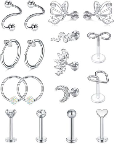 LAURITAMI 16G Cartilage Earrings Lip Rings Studs Surgical Steel Tragus Rook Daith Helix Earring Curved Barbell Eyebrow Rings Horseshoe Barbell Captive Bead Hoop Earring Piercing Jewelry Set in Kuwait