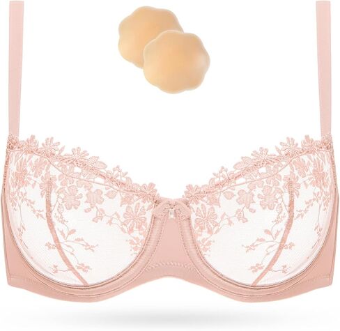 Wingslove Women's Sexy Lace Bra Demi Sheer Mesh Balconette See Through Bralette Unlined Underwire Embroidered in Kuwait