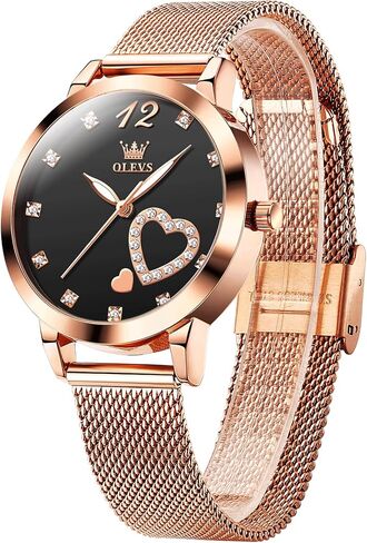 OLEVS Womens Watch, Small Wrist Rose Gold Tone Cute Diamond Heart Arabic Numerals Dial Ladies Watch, Fashion Waterproof Mesh Bracelet Analog Dress Watch for Women in Kuwait