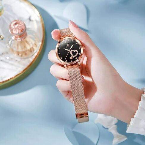 OLEVS Womens Watch, Small Wrist Rose Gold Tone Cute Diamond Heart Arabic Numerals Dial Ladies Watch, Fashion Waterproof Mesh Bracelet Analog Dress Watch for Women in Kuwait