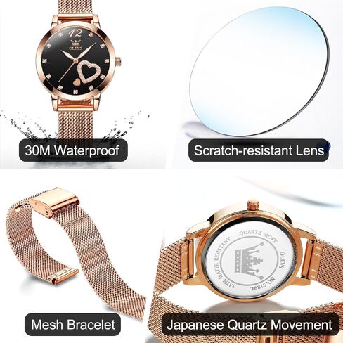OLEVS Womens Watch, Small Wrist Rose Gold Tone Cute Diamond Heart Arabic Numerals Dial Ladies Watch, Fashion Waterproof Mesh Bracelet Analog Dress Watch for Women in Kuwait