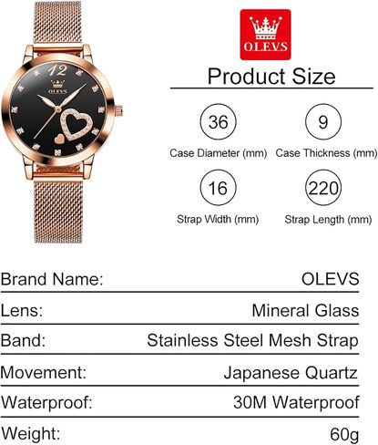 OLEVS Womens Watch, Small Wrist Rose Gold Tone Cute Diamond Heart Arabic Numerals Dial Ladies Watch, Fashion Waterproof Mesh Bracelet Analog Dress Watch for Women in Kuwait