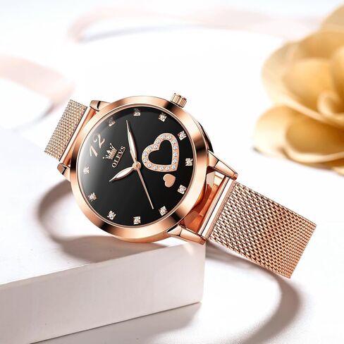 OLEVS Womens Watch, Small Wrist Rose Gold Tone Cute Diamond Heart Arabic Numerals Dial Ladies Watch, Fashion Waterproof Mesh Bracelet Analog Dress Watch for Women in Kuwait