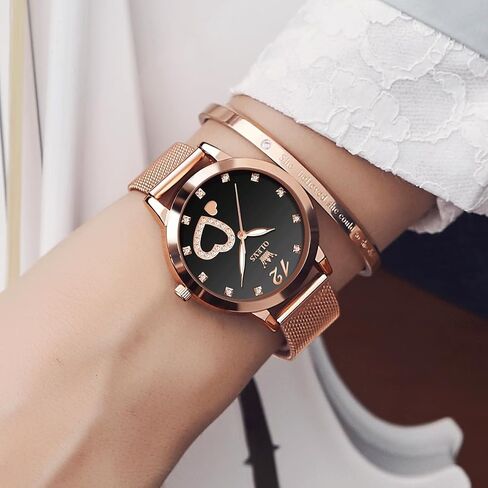 OLEVS Womens Watch, Small Wrist Rose Gold Tone Cute Diamond Heart Arabic Numerals Dial Ladies Watch, Fashion Waterproof Mesh Bracelet Analog Dress Watch for Women in Kuwait