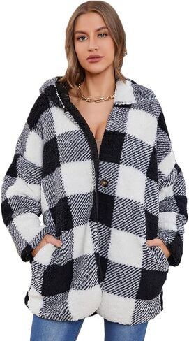 LY VAREY LIN Women Fleece Plaid Hooded Jacket Coat Long Sleeve Sherpa Cardigan Jackets with Pockets in Kuwait
