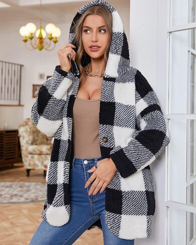 LY VAREY LIN Women Fleece Plaid Hooded Jacket Coat Long Sleeve Sherpa Cardigan Jackets with Pockets in Kuwait