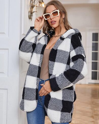 LY VAREY LIN Women Fleece Plaid Hooded Jacket Coat Long Sleeve Sherpa Cardigan Jackets with Pockets in Kuwait