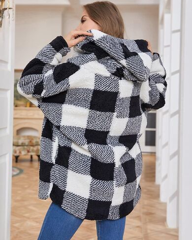 LY VAREY LIN Women Fleece Plaid Hooded Jacket Coat Long Sleeve Sherpa Cardigan Jackets with Pockets in Kuwait