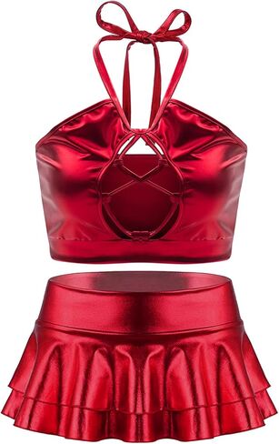 SFBBCLOZ Women's Rave Outfit Sets For Women Festivals 2 Pcs Metallic Tops Skirt EDM Party Club Holographic Rave Outfits in Kuwait