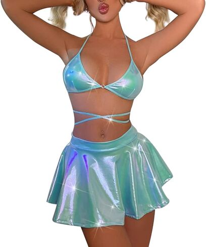 Women Metallic Rave Outfits Shiny Crop Top Bra Skirt Music Festivals Halloween Cosplay Costume Alien Outfit Set in Saudi Arabia