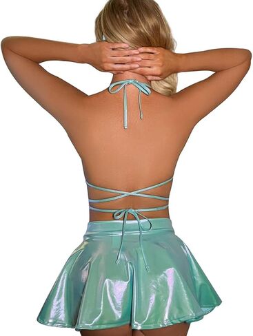 Women Metallic Rave Outfits Shiny Crop Top Bra Skirt Music Festivals Halloween Cosplay Costume Alien Outfit Set in Saudi Arabia