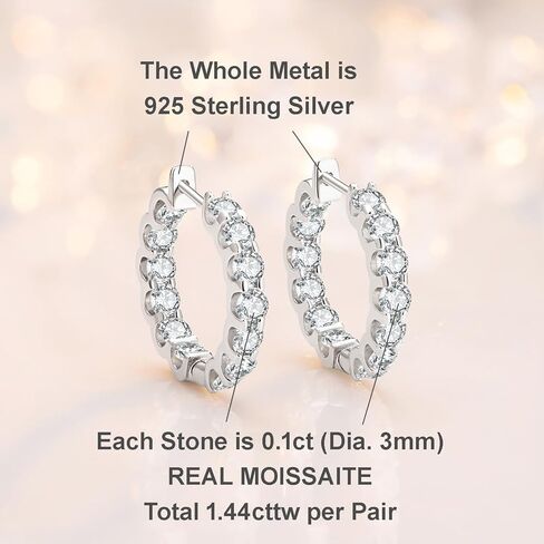 اقراط حلقية للنساء من مويسانيت بوزن 1.44 قيراط، اقراط مطلية بالذهب الابيض عيار 18 قيراط مع شهادة الاصالة in Kuwait