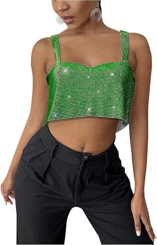 RARITYUS Women Sexy Shiny Rhinestone Tank Top Crop Top Sleeveless Vest Shirt for Night Club Party Rave Outfit in Saudi Arabia