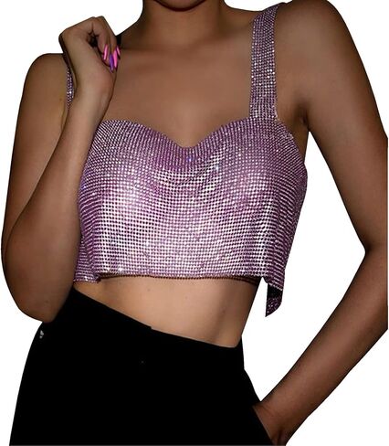 RARITYUS Women Sexy Shiny Rhinestone Tank Top Crop Top Sleeveless Vest Shirt for Night Club Party Rave Outfit in Kuwait