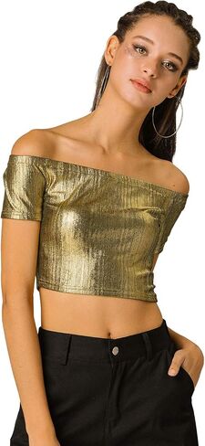 Allegra K Women's Halloween Off Shoulder Party Club Slim Fit Shiny Metallic Crop Top in Kuwait