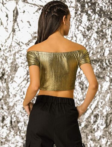 Allegra K Women's Halloween Off Shoulder Party Club Slim Fit Shiny Metallic Crop Top in Kuwait