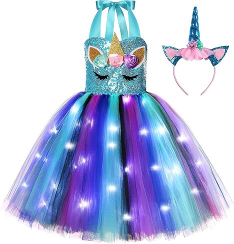 KAKALVER Unicorn Dress for Girls Unicorn Costume LED Light Up for Dress up Halloween Birthday Party Decoration Unicorn Gifts in Kuwait