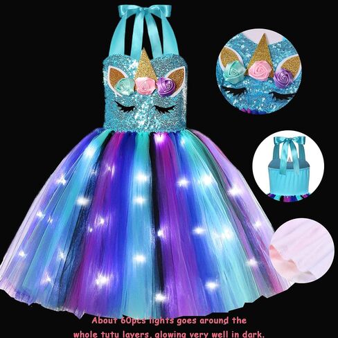 KAKALVER Unicorn Dress for Girls Unicorn Costume LED Light Up for Dress up Halloween Birthday Party Decoration Unicorn Gifts in Kuwait