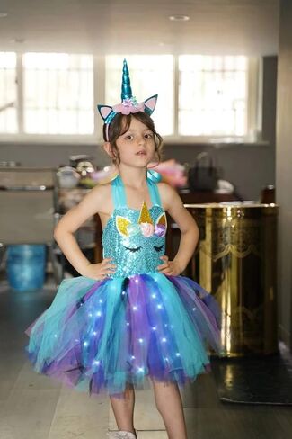KAKALVER Unicorn Dress for Girls Unicorn Costume LED Light Up for Dress up Halloween Birthday Party Decoration Unicorn Gifts in Kuwait