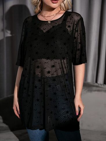 Floerns Women's Plus Size Short Sleeve Sheer Mesh Tops T Shirt Blouse in Kuwait
