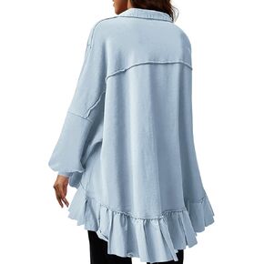 Lauweion Women Oversized Button Front Pleated Sweatshirt Mini Dress Patchwork Lapel Ruffle Hem Trendy Flowy Sweatshirts in Kuwait