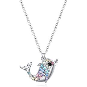 SUMFAN Shark Penguin Dolphin Sea Turtle Necklace Gifts for Girls Women,Rainbow Crystal Girls Birthday Gifts Animal Jewelry Pendant for Daughter