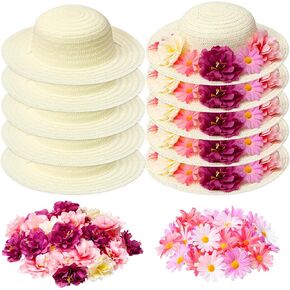 Mepase 70 Pcs DIY Straw Hat with Flower Girls Tea Party Hats Tea Party Straw Hat Fake Flower Heads 10 Straw Hat 60 Airtificial Flower Cherry Cowboy Kids Children Dress Up Hats, 11 Inch Milk White in Kuwait