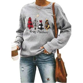 سويت شيرت ASTANFY Merry Christmas للنساء بكتف منسدل وأكمام طويلة بلوفر شجرة عيد الميلاد خفيف الوزن in Kuwait