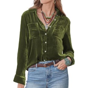 R.Vivimos Womens Winter Velvet Long Sleeve Button Down Casual Tops Shirts in Kuwait