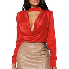 Vrtige Women's Satin Silk Cowl Neck Ruched Front Draped Long Sleeve Blouse Shirt Top