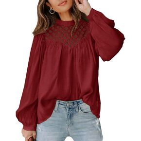 BTFBM Women's Fall Tops 2023 Crewneck Lace Crochet Casual Long Sleeve T Shirts Loose Chiffon Solid Blouses
