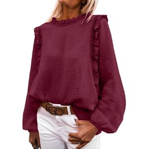 PRETTYGARDEN المرأة الخريف بلوزة عصرية أنيقة عادية كم طويل Crewneck كشكش فضفاض البلوز القمم قميص in Saudi Arabia