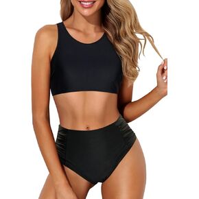Holipick Women High Waisted Two Piece Bikini Set Racerback Bathing Suit Sporty Crop Top with Bottom for Teen Girls