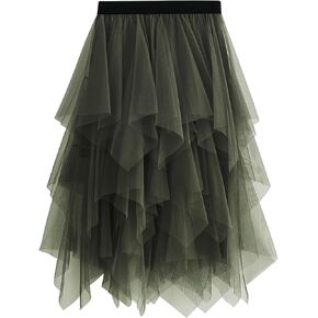Reaowazo Tulle Skirts for Women Midi Long Fairy Skirt Tutu A-Line Mesh Layered High Elastic Waist Halloween Skirts