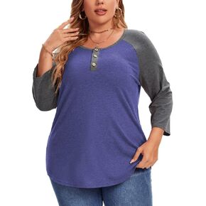 3/4 Sleeve Shirts for Women Plus Size Casual V Neck Blouses Color Block Henley Shirts in Saudi Arabia