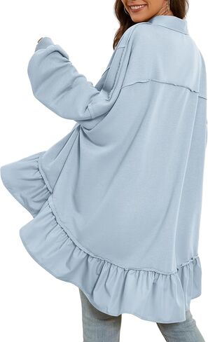 Lauweion Women Oversized Button Front Pleated Sweatshirt Mini Dress Patchwork Lapel Ruffle Hem Trendy Flowy Sweatshirts in Kuwait