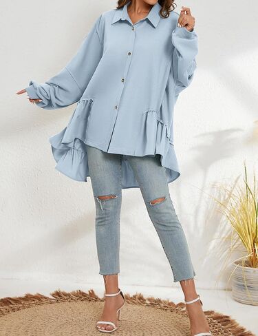 Lauweion Women Oversized Button Front Pleated Sweatshirt Mini Dress Patchwork Lapel Ruffle Hem Trendy Flowy Sweatshirts in Kuwait