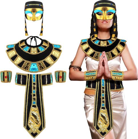 Ramede 5 قطع من إكسسوارات أزياء الهالوين المصرية النسائية تتضمن قناعًا مصريًا وغطاء للرأس وحزام معصم للأميرة المصرية in Kuwait