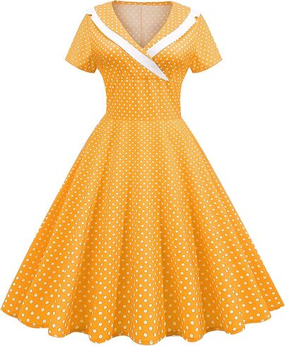IKADEX Women 50s 60s Retro Rockabilly Swing Sailor Dress Polka Dot Lapel V-Neck Cocktail Party Tea Dresses in Kuwait