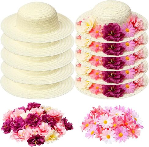 Mepase 70 Pcs DIY Straw Hat with Flower Girls Tea Party Hats Tea Party Straw Hat Fake Flower Heads 10 Straw Hat 60 Airtificial Flower Cherry Cowboy Kids Children Dress Up Hats, 11 Inch Milk White in Saudi Arabia