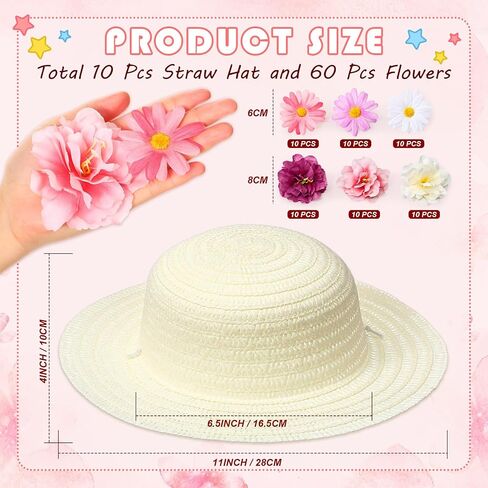 Mepase 70 Pcs DIY Straw Hat with Flower Girls Tea Party Hats Tea Party Straw Hat Fake Flower Heads 10 Straw Hat 60 Airtificial Flower Cherry Cowboy Kids Children Dress Up Hats, 11 Inch Milk White in Kuwait