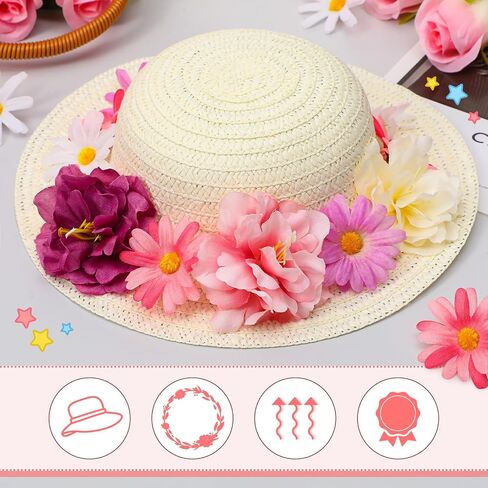 Mepase 70 Pcs DIY Straw Hat with Flower Girls Tea Party Hats Tea Party Straw Hat Fake Flower Heads 10 Straw Hat 60 Airtificial Flower Cherry Cowboy Kids Children Dress Up Hats, 11 Inch Milk White in Saudi Arabia
