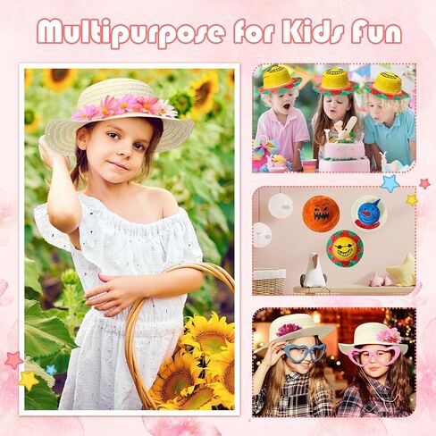 Mepase 70 Pcs DIY Straw Hat with Flower Girls Tea Party Hats Tea Party Straw Hat Fake Flower Heads 10 Straw Hat 60 Airtificial Flower Cherry Cowboy Kids Children Dress Up Hats, 11 Inch Milk White in Saudi Arabia