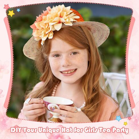 Mepase 70 Pcs DIY Straw Hat with Flower Girls Tea Party Hats Tea Party Straw Hat Fake Flower Heads 10 Straw Hat 60 Airtificial Flower Cherry Cowboy Kids Children Dress Up Hats, 11 Inch Milk White in Saudi Arabia