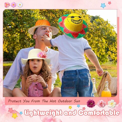 Mepase 70 Pcs DIY Straw Hat with Flower Girls Tea Party Hats Tea Party Straw Hat Fake Flower Heads 10 Straw Hat 60 Airtificial Flower Cherry Cowboy Kids Children Dress Up Hats, 11 Inch Milk White in Saudi Arabia